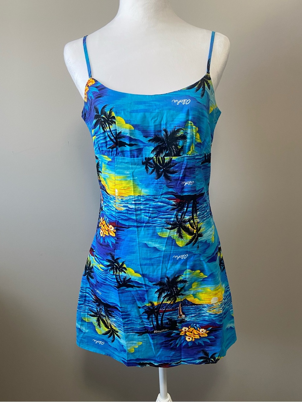 Royal Creations - Blue Tropical-Print Spaghetti-Strap Mini Dress